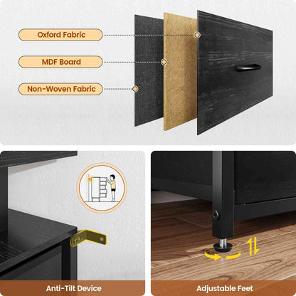HAUOMS 63 Inch TV Stand with LED Lights and Power Outlets Long Dresser with 12 Fabric Drawers and Shelves for Bedroom