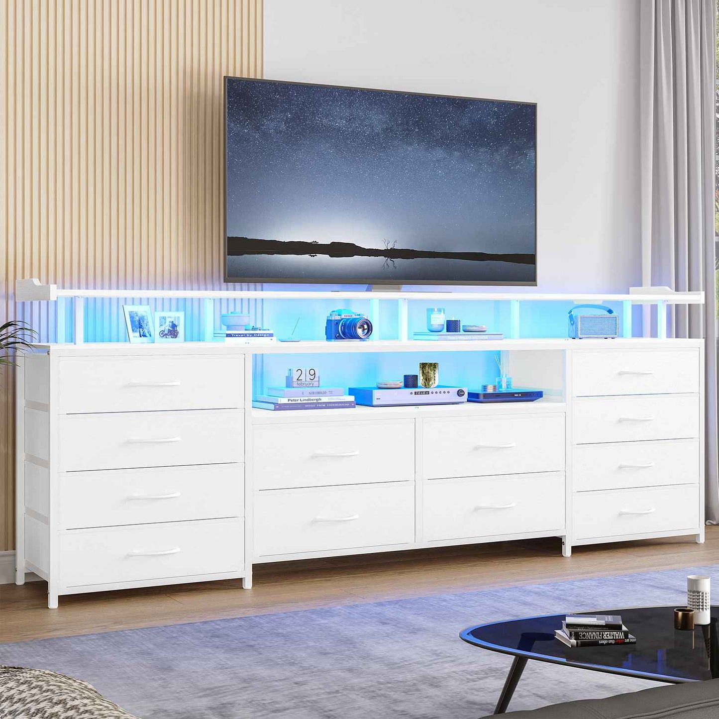 HAUOMS 63 Inch TV Stand with LED Lights and Power Outlets Long Dresser with 12 Fabric Drawers and Shelves for Bedroom
