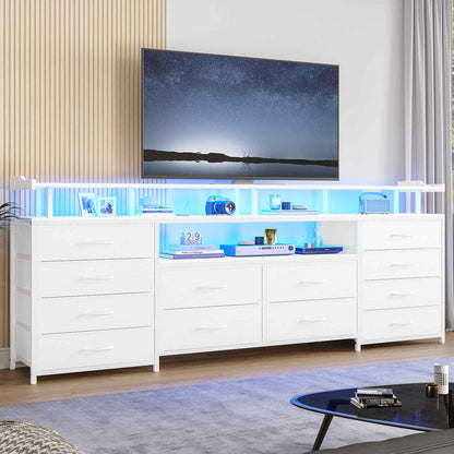 HAUOMS 63 Inch TV Stand with LED Lights and Power Outlets Long Dresser with 12 Fabric Drawers and Shelves for Bedroom