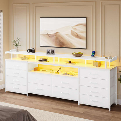 HAUOMS 63 Inch TV Stand with LED Lights and Power Outlets Long Dresser with 12 Fabric Drawers and Shelves for Bedroom