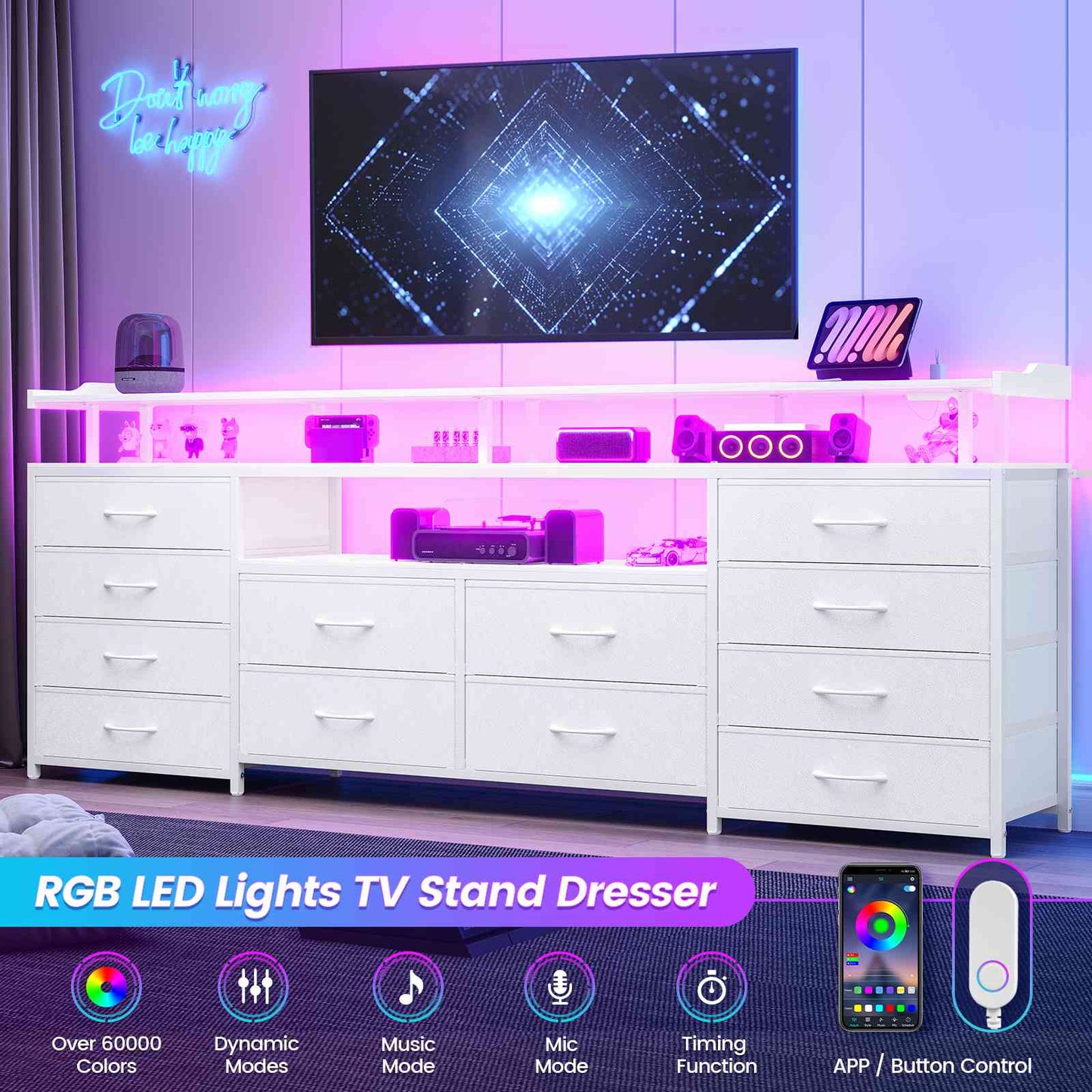 HAUOMS 63 Inch TV Stand with LED Lights and Power Outlets Long Dresser with 12 Fabric Drawers and Shelves for Bedroom