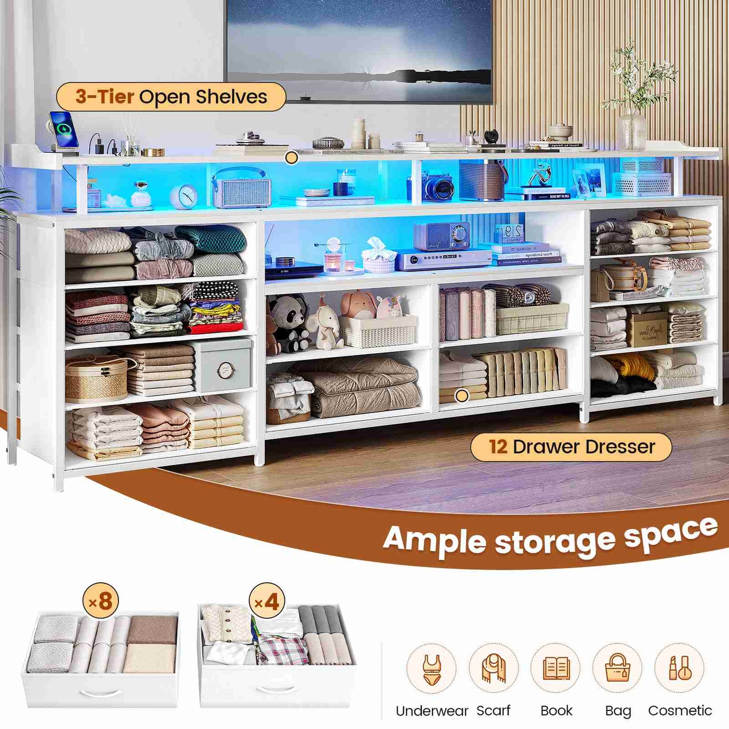 HAUOMS 63 Inch TV Stand with LED Lights and Power Outlets Long Dresser with 12 Fabric Drawers and Shelves for Bedroom