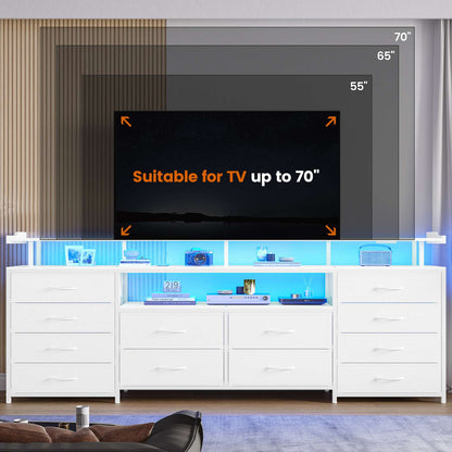 HAUOMS 63 Inch TV Stand with LED Lights and Power Outlets Long Dresser with 12 Fabric Drawers and Shelves for Bedroom