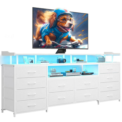 HAUOMS 63 Inch TV Stand with LED Lights and Power Outlets Long Dresser with 12 Fabric Drawers and Shelves for Bedroom