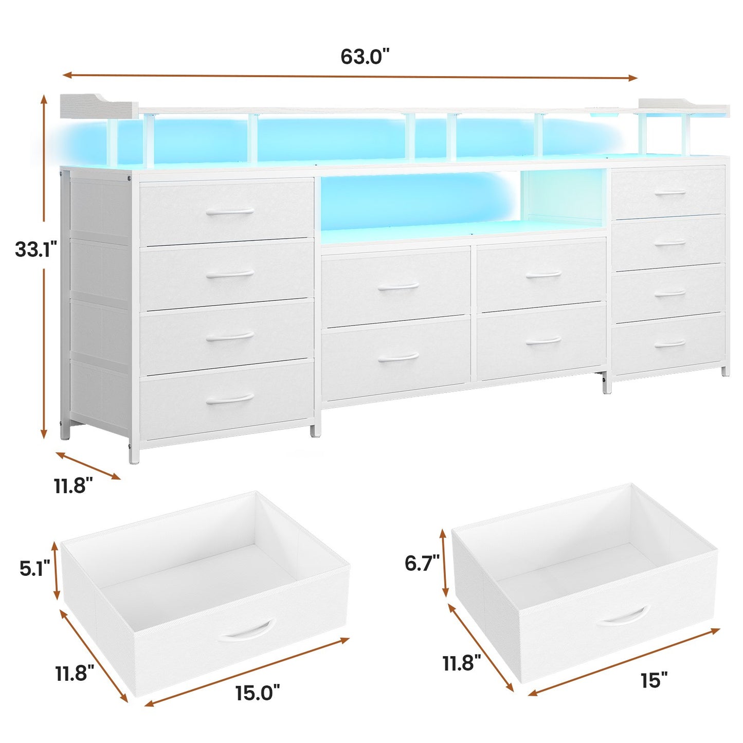HAUOMS 63 Inch TV Stand with LED Lights and Power Outlets Long Dresser with 12 Fabric Drawers and Shelves for Bedroom