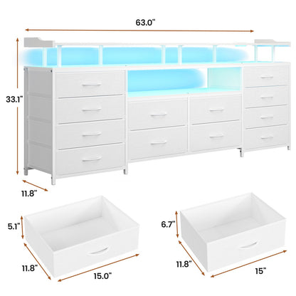 HAUOMS 63 Inch TV Stand with LED Lights and Power Outlets Long Dresser with 12 Fabric Drawers and Shelves for Bedroom