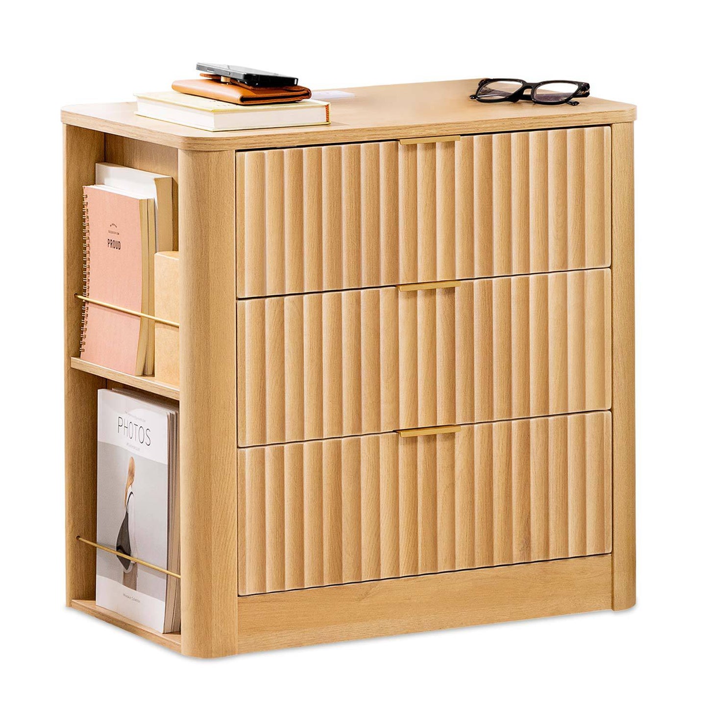 HAUOMS 23.6 Inch Nightstand with Charging Station Modern Fluted Night Stand with 3 Drawers  End Table with Side Storage Shelves