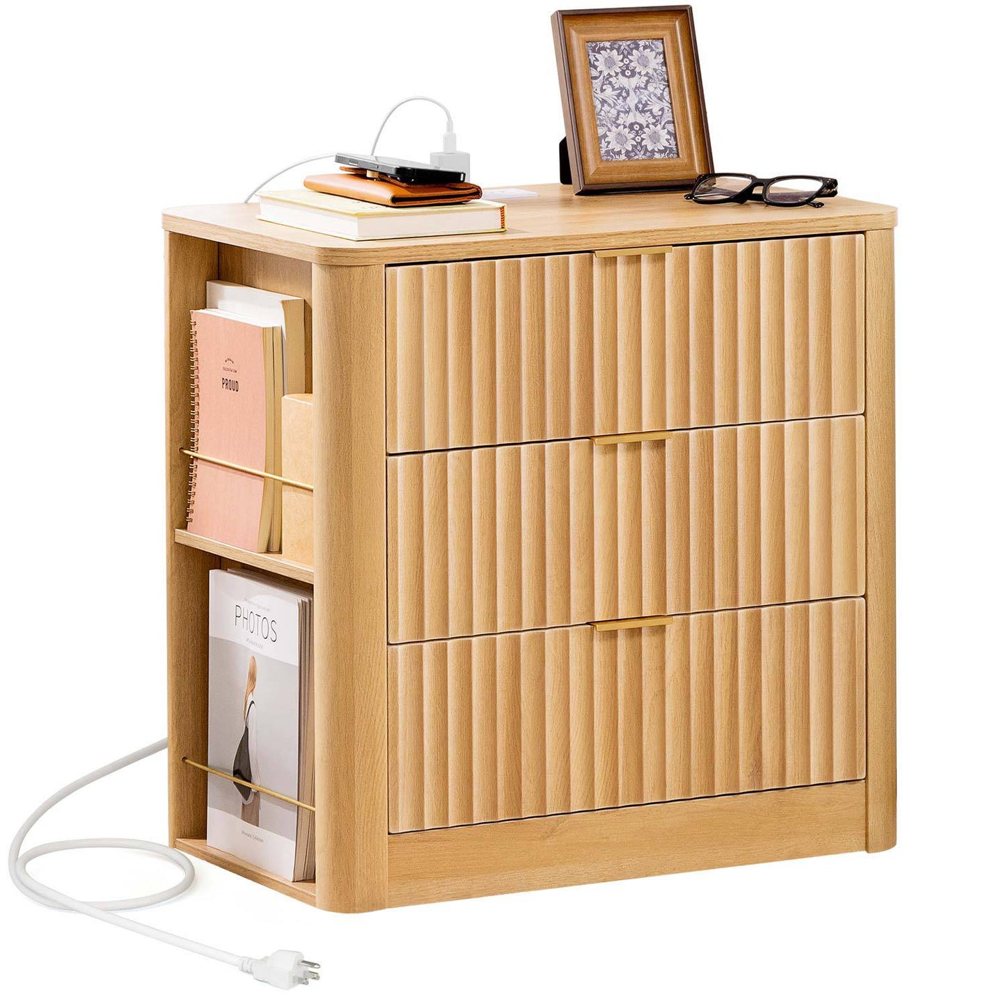 HAUOMS 23.6 Inch Nightstand with Charging Station Modern Fluted Night Stand with 3 Drawers  End Table with Side Storage Shelves