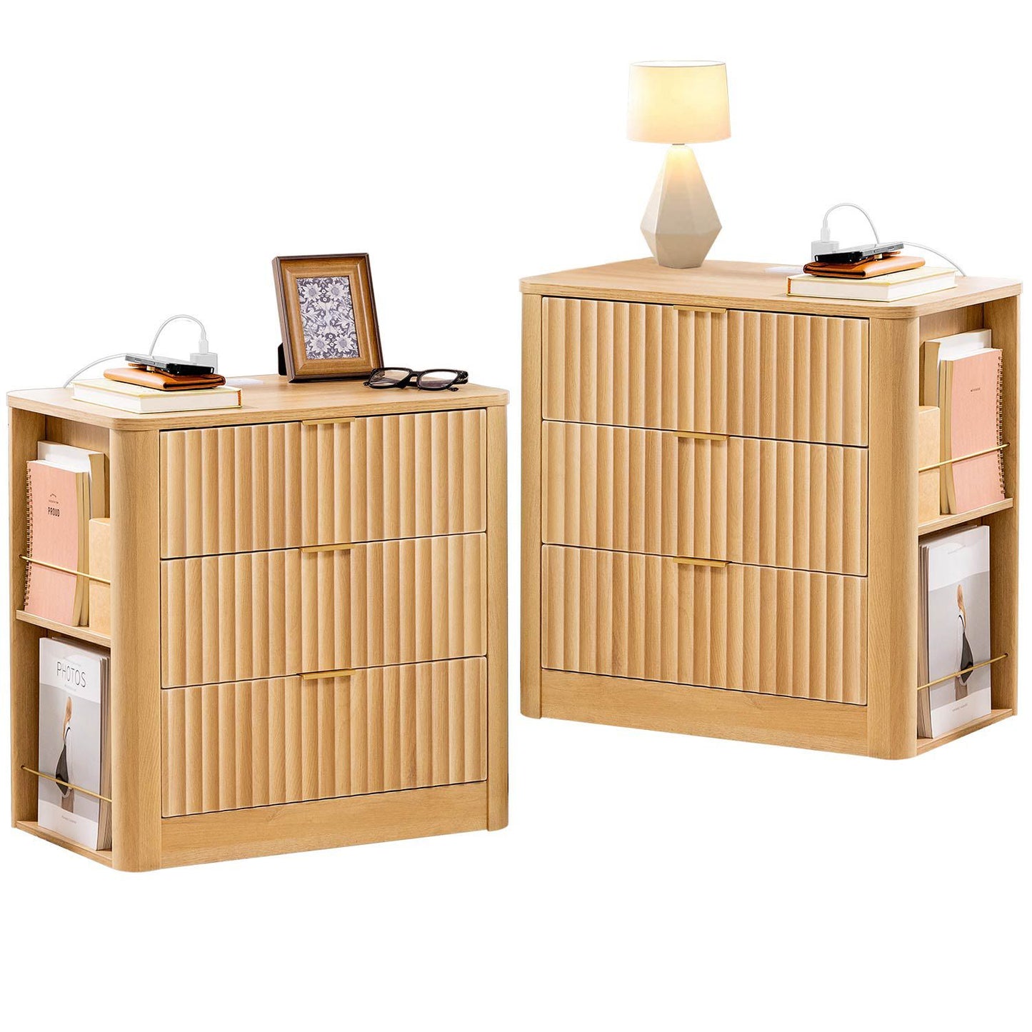 HAUOMS 23.6 Inch Nightstand with Charging Station Modern Fluted Night Stand with 3 Drawers  End Table with Side Storage Shelves