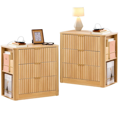 HAUOMS 23.6 Inch Nightstand with Charging Station Modern Fluted Night Stand with 3 Drawers  End Table with Side Storage Shelves