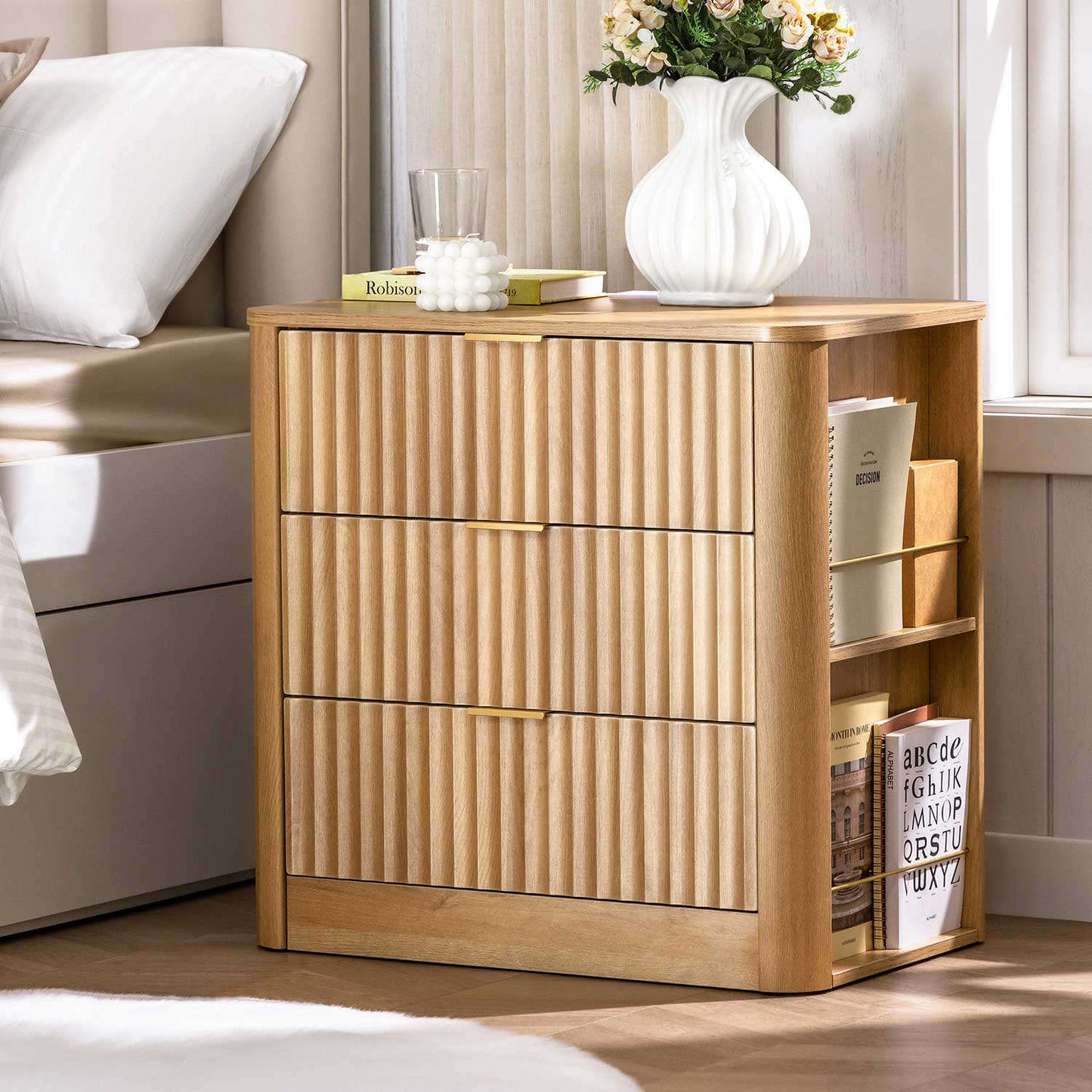 HAUOMS 23.6 Inch Nightstand with Charging Station Modern Fluted Night Stand with 3 Drawers  End Table with Side Storage Shelves