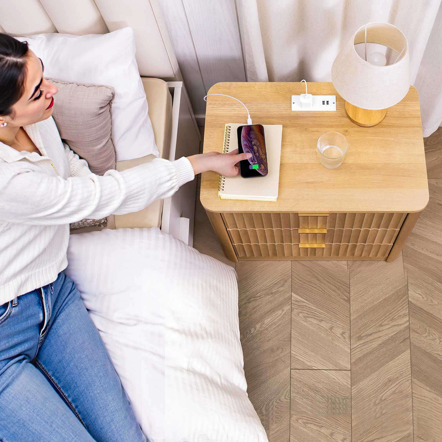 HAUOMS 23.6 Inch Nightstand with Charging Station Modern Fluted Night Stand with 3 Drawers  End Table with Side Storage Shelves