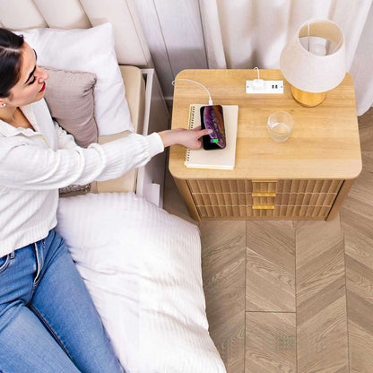 HAUOMS 23.6 Inch Nightstand with Charging Station Modern Fluted Night Stand with 3 Drawers  End Table with Side Storage Shelves