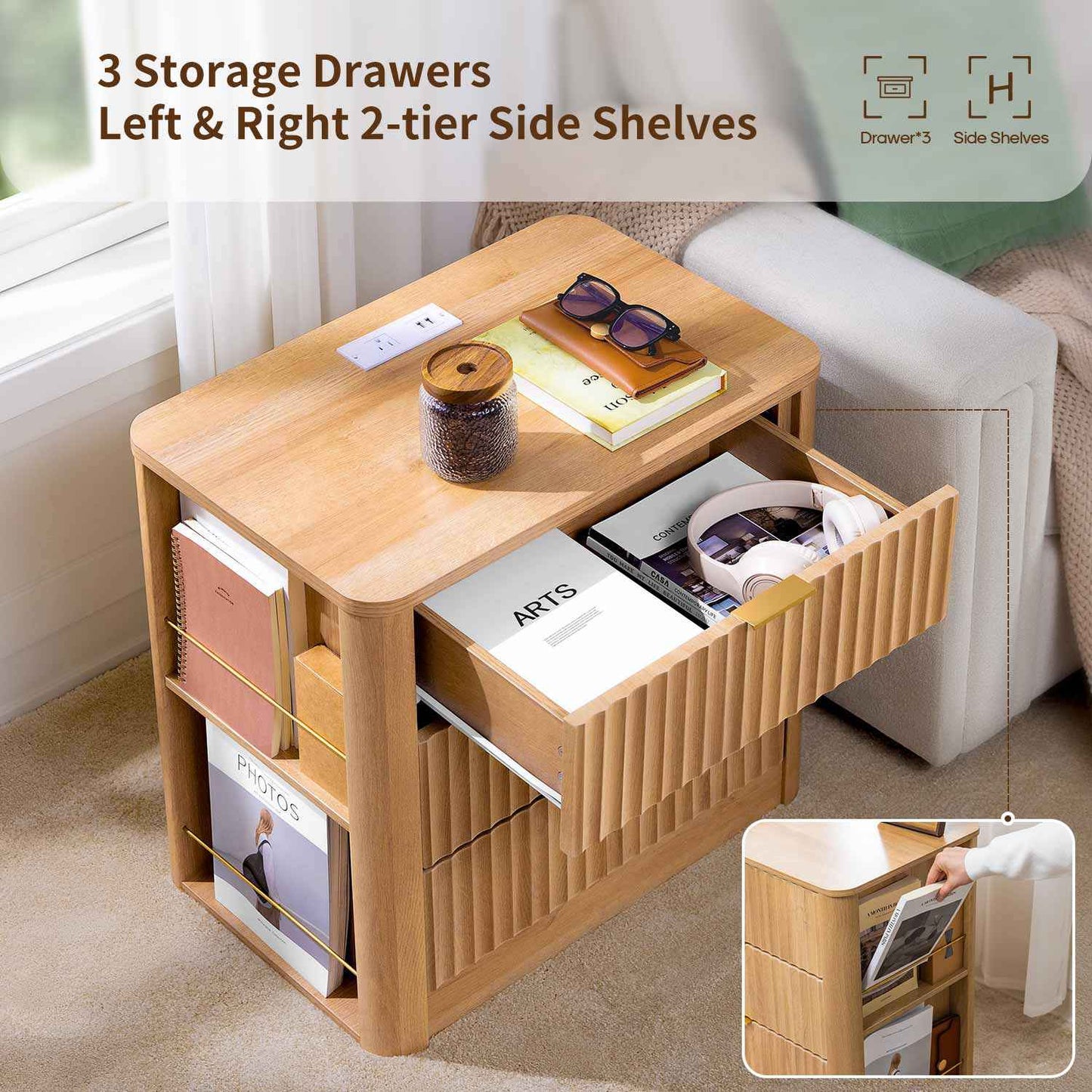HAUOMS 23.6 Inch Nightstand with Charging Station Modern Fluted Night Stand with 3 Drawers  End Table with Side Storage Shelves