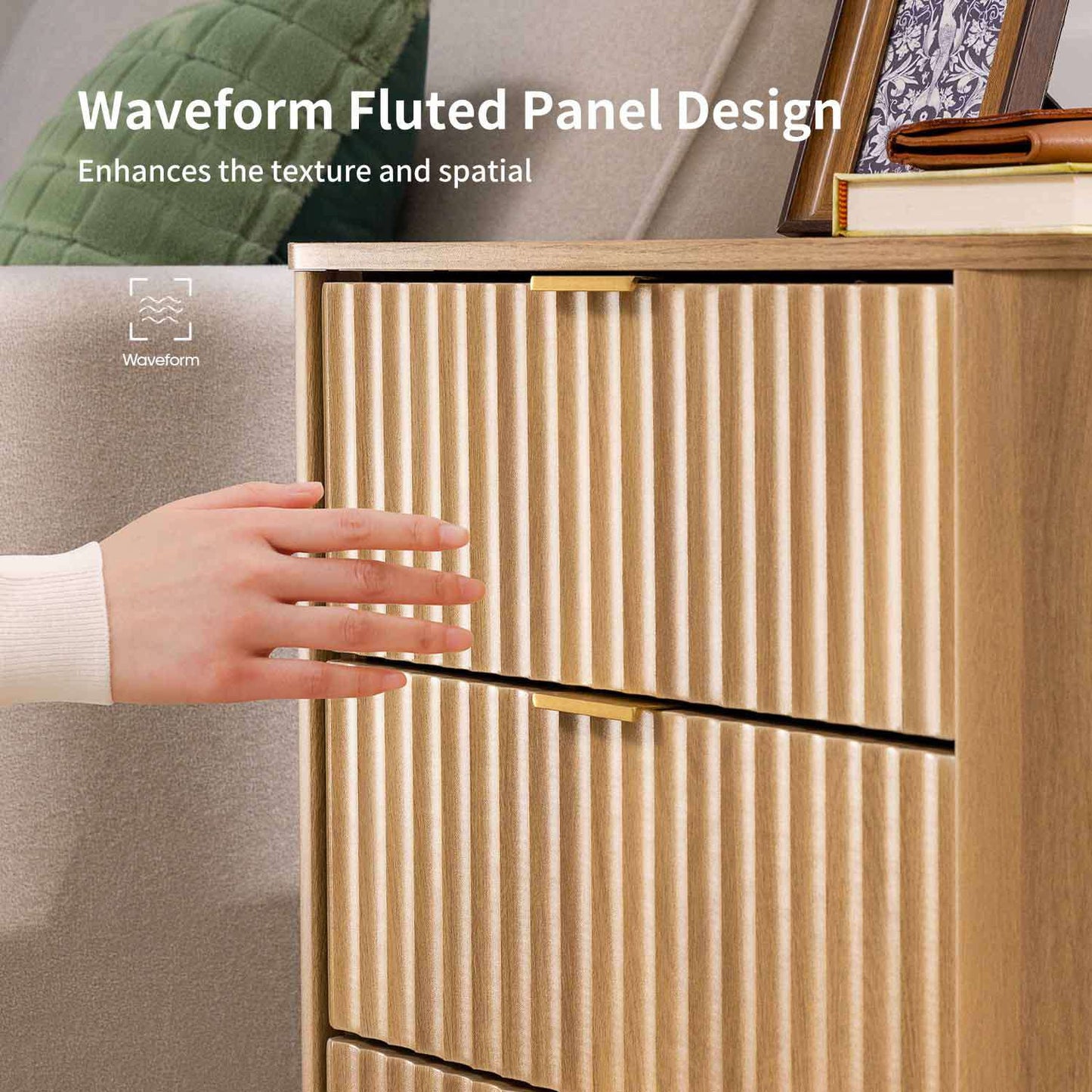 HAUOMS 23.6 Inch Nightstand with Charging Station Modern Fluted Night Stand with 3 Drawers  End Table with Side Storage Shelves