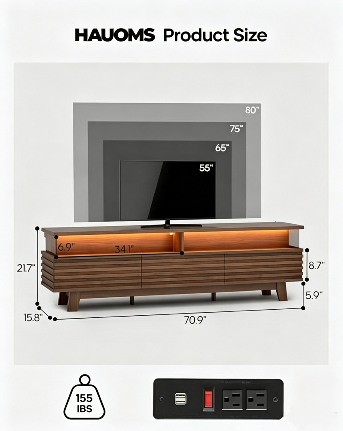 HAUOMS 70.9 Inch TV Stand with Hidden Power Station and LED Lights Fluted Modern TV Cabinet with Storage and Cable Management