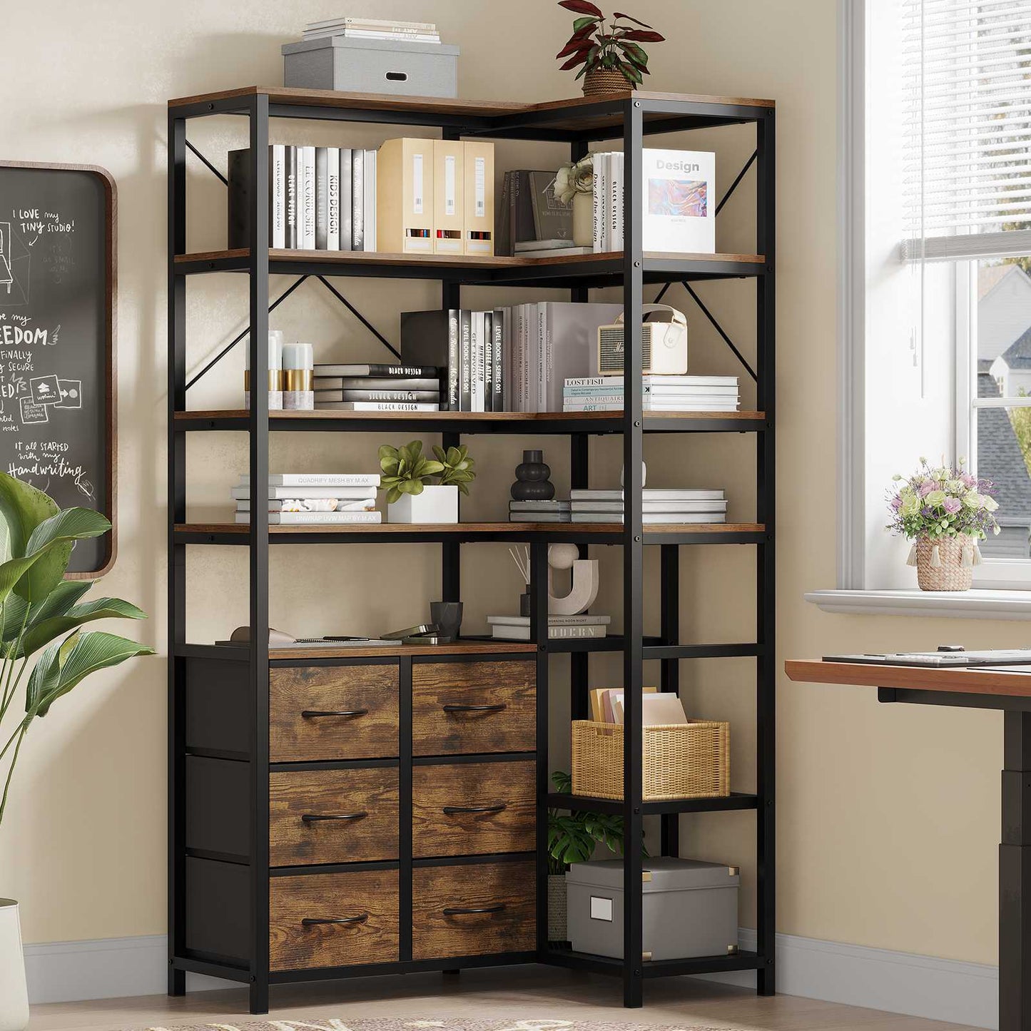 HAUOMS Corner Bookshelf with 7-Tier Tall Convertible Book Shelf with 6 Fabric Drawers for Living Room Kitchen Home Office