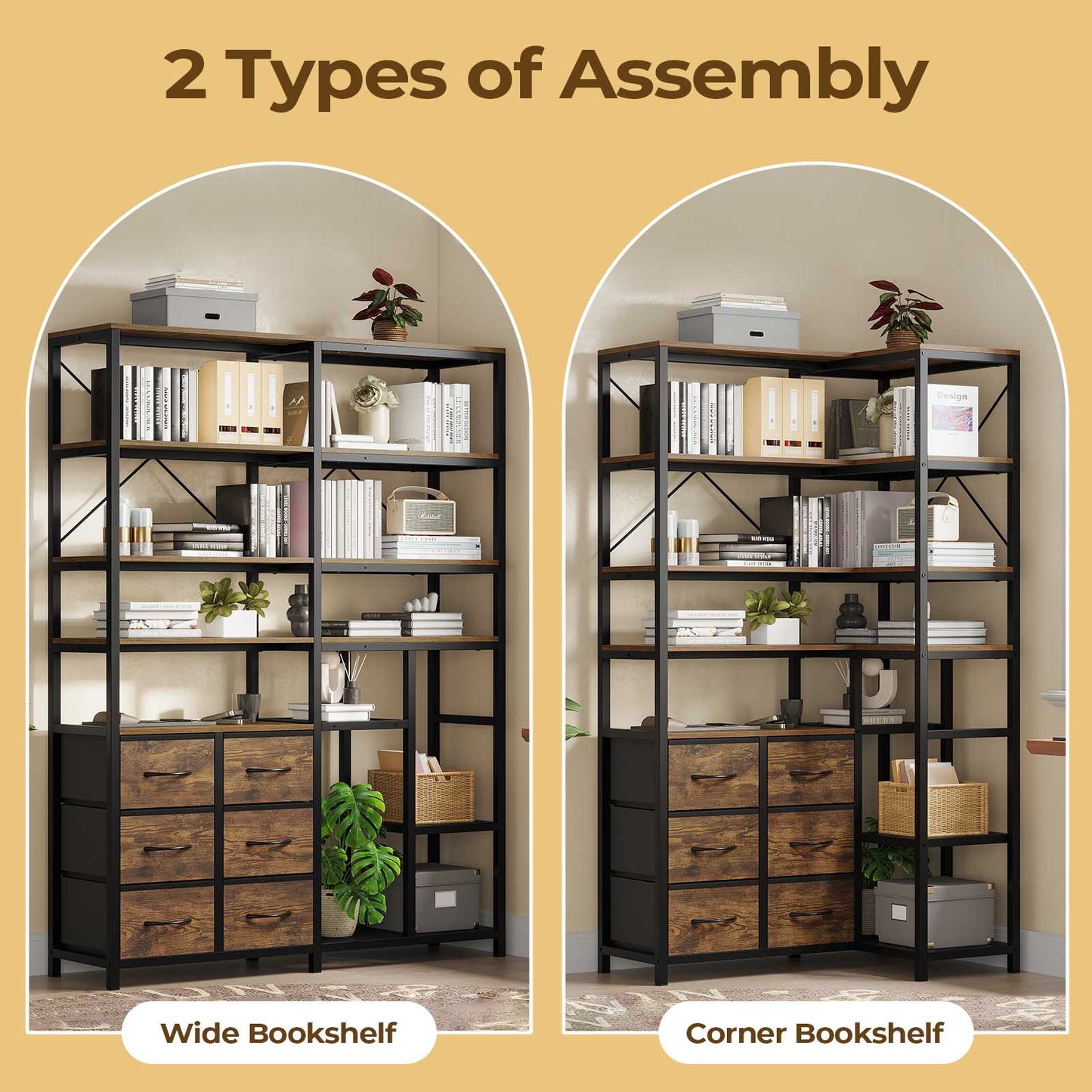 HAUOMS Corner Bookshelf with 7-Tier Tall Convertible Book Shelf with 6 Fabric Drawers for Living Room Kitchen Home Office