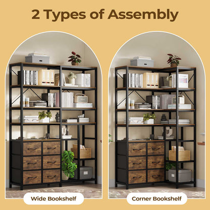 HAUOMS Corner Bookshelf with 7-Tier Tall Convertible Book Shelf with 6 Fabric Drawers for Living Room Kitchen Home Office