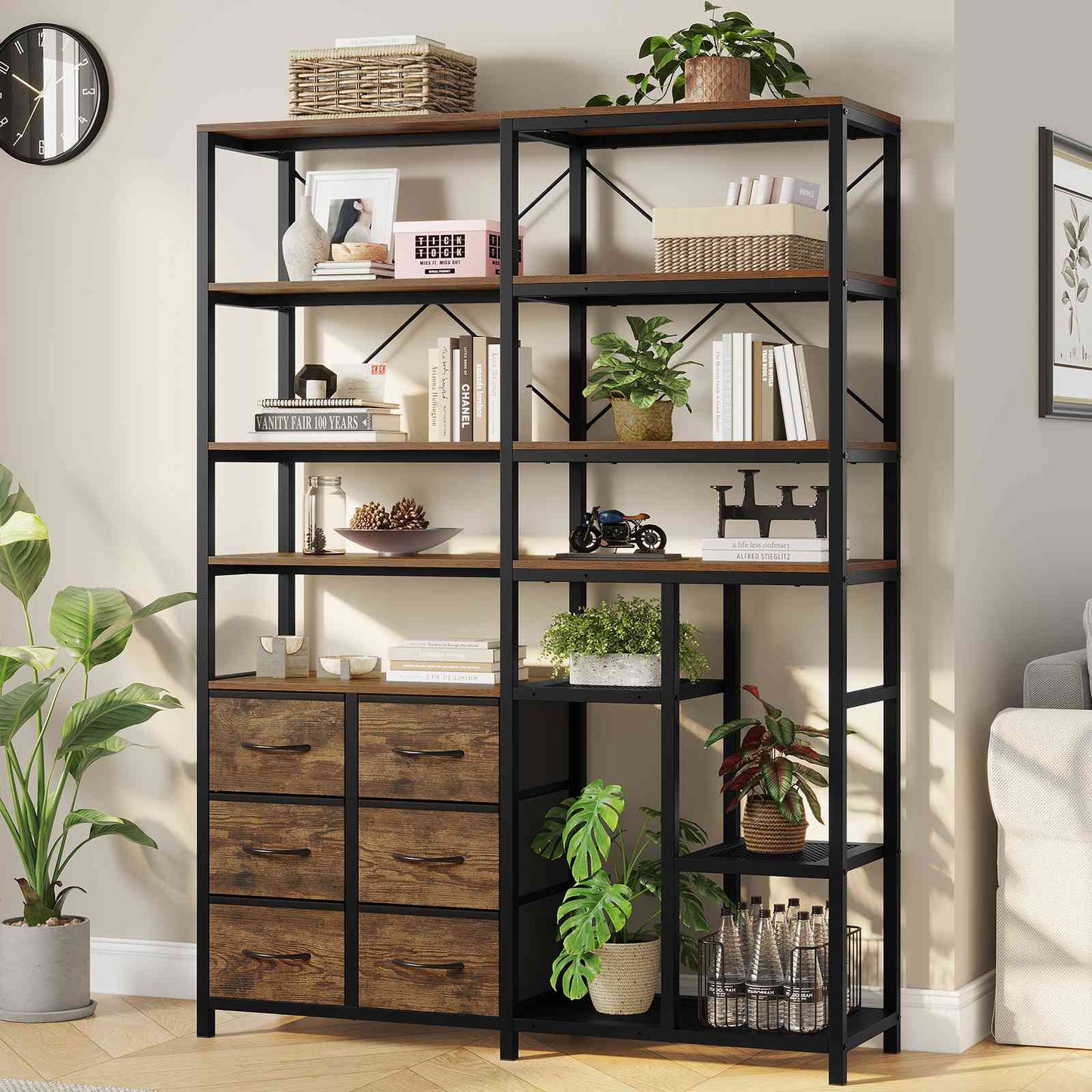 HAUOMS Corner Bookshelf with 7-Tier Tall Convertible Book Shelf with 6 Fabric Drawers for Living Room Kitchen Home Office
