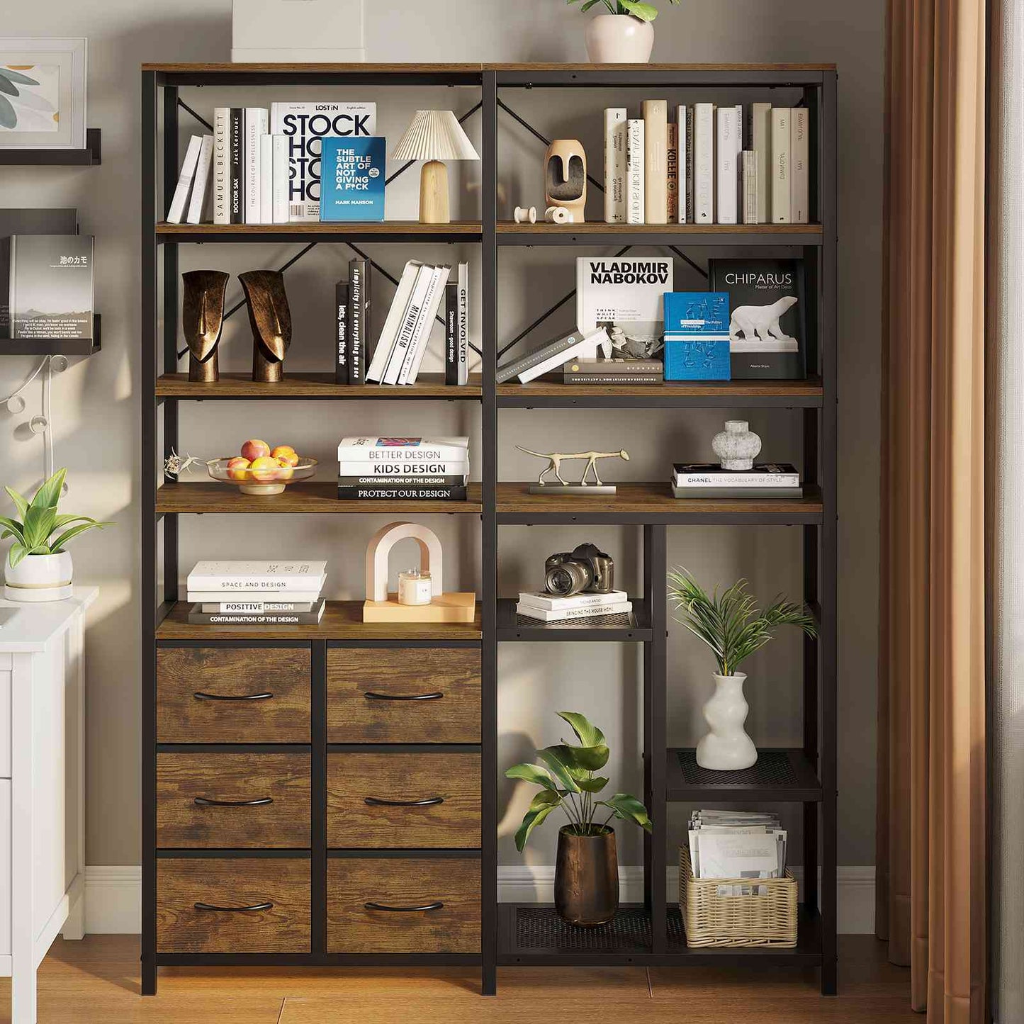 HAUOMS Corner Bookshelf with 7-Tier Tall Convertible Book Shelf with 6 Fabric Drawers for Living Room Kitchen Home Office
