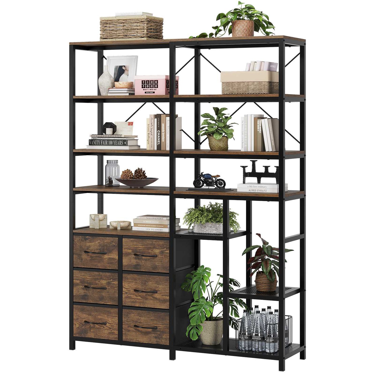 HAUOMS Corner Bookshelf with 7-Tier Tall Convertible Book Shelf with 6 Fabric Drawers for Living Room Kitchen Home Office