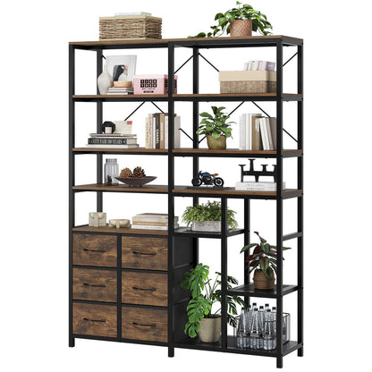 HAUOMS Corner Bookshelf with 7-Tier Tall Convertible Book Shelf with 6 Fabric Drawers for Living Room Kitchen Home Office