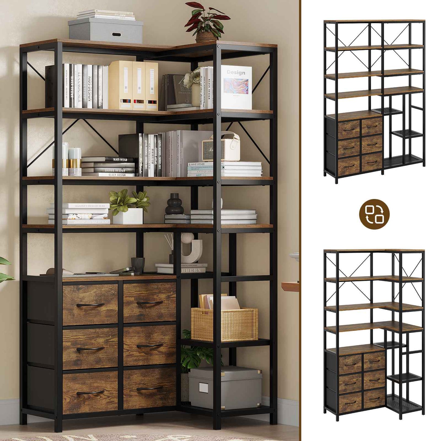 HAUOMS Corner Bookshelf with 7-Tier Tall Convertible Book Shelf with 6 Fabric Drawers for Living Room Kitchen Home Office