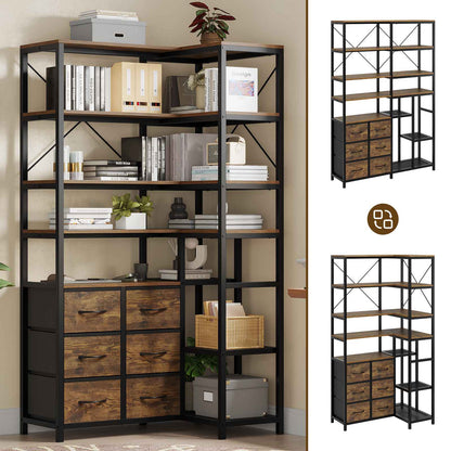 HAUOMS Corner Bookshelf with 7-Tier Tall Convertible Book Shelf with 6 Fabric Drawers for Living Room Kitchen Home Office