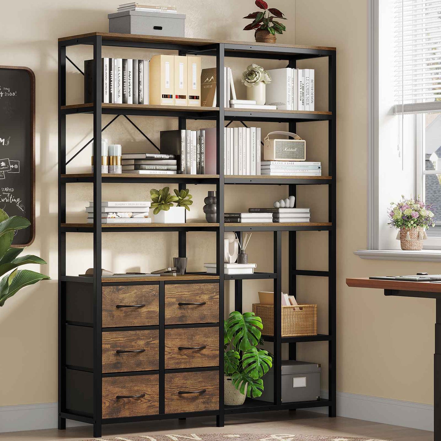 HAUOMS Corner Bookshelf with 7-Tier Tall Convertible Book Shelf with 6 Fabric Drawers for Living Room Kitchen Home Office