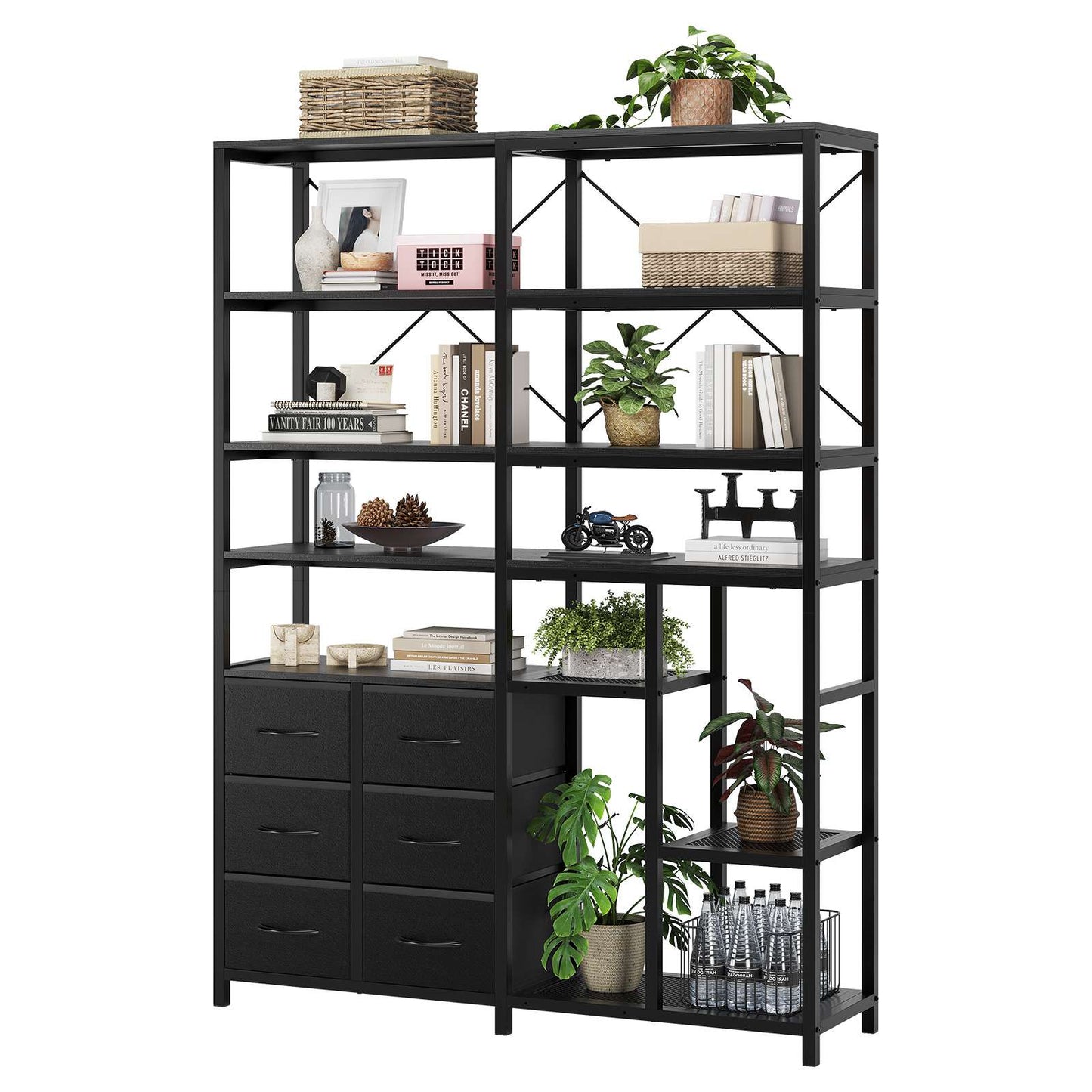 HAUOMS Corner Bookshelf with 7-Tier Tall Convertible Book Shelf with 6 Fabric Drawers for Living Room Kitchen Home Office