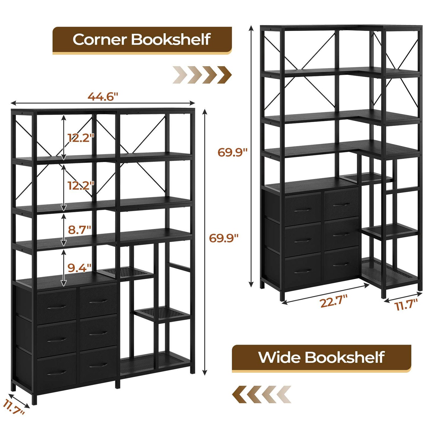 HAUOMS Corner Bookshelf with 7-Tier Tall Convertible Book Shelf with 6 Fabric Drawers for Living Room Kitchen Home Office