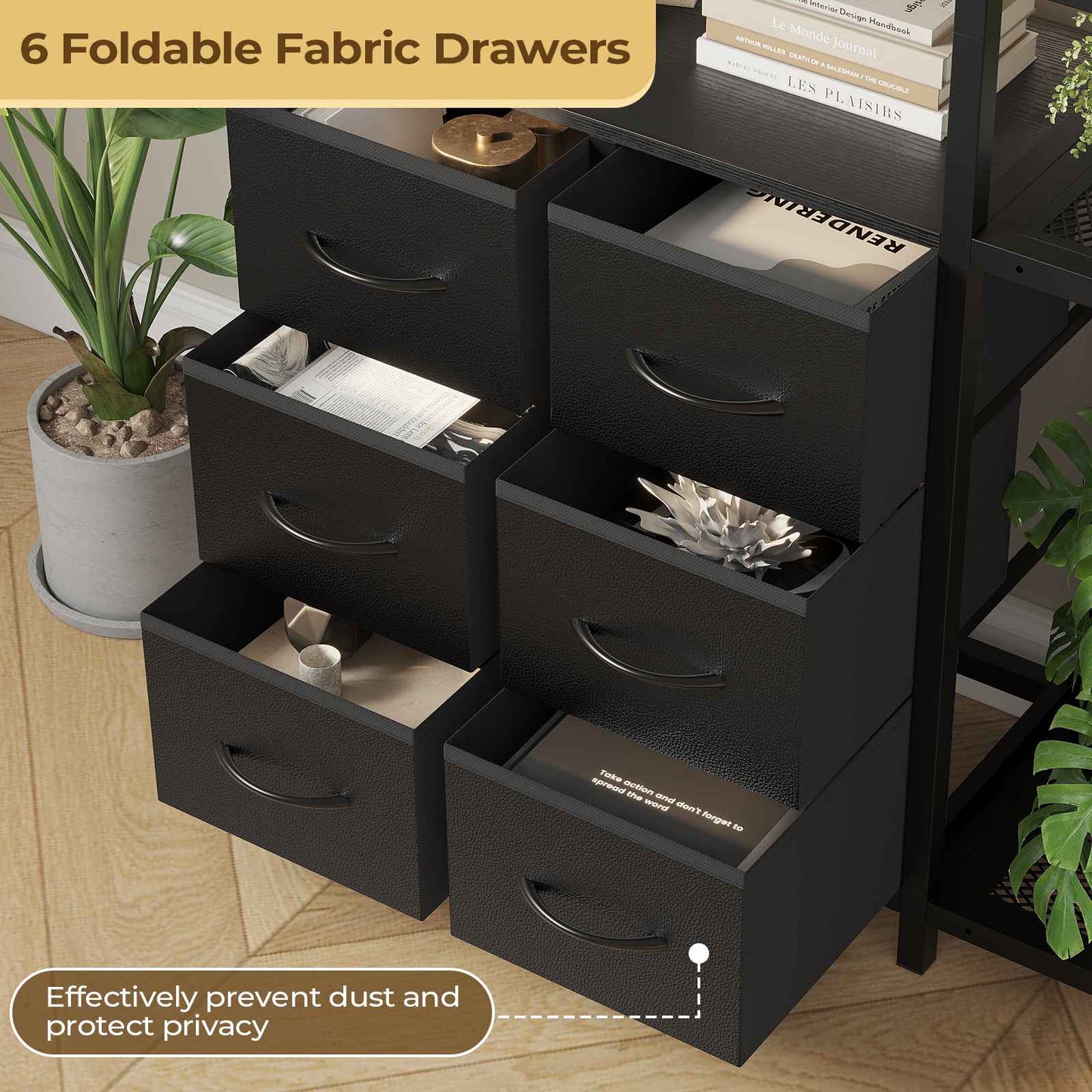 HAUOMS Corner Bookshelf with 7-Tier Tall Convertible Book Shelf with 6 Fabric Drawers for Living Room Kitchen Home Office