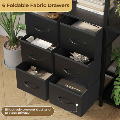 HAUOMS Corner Bookshelf with 7-Tier Tall Convertible Book Shelf with 6 Fabric Drawers for Living Room Kitchen Home Office