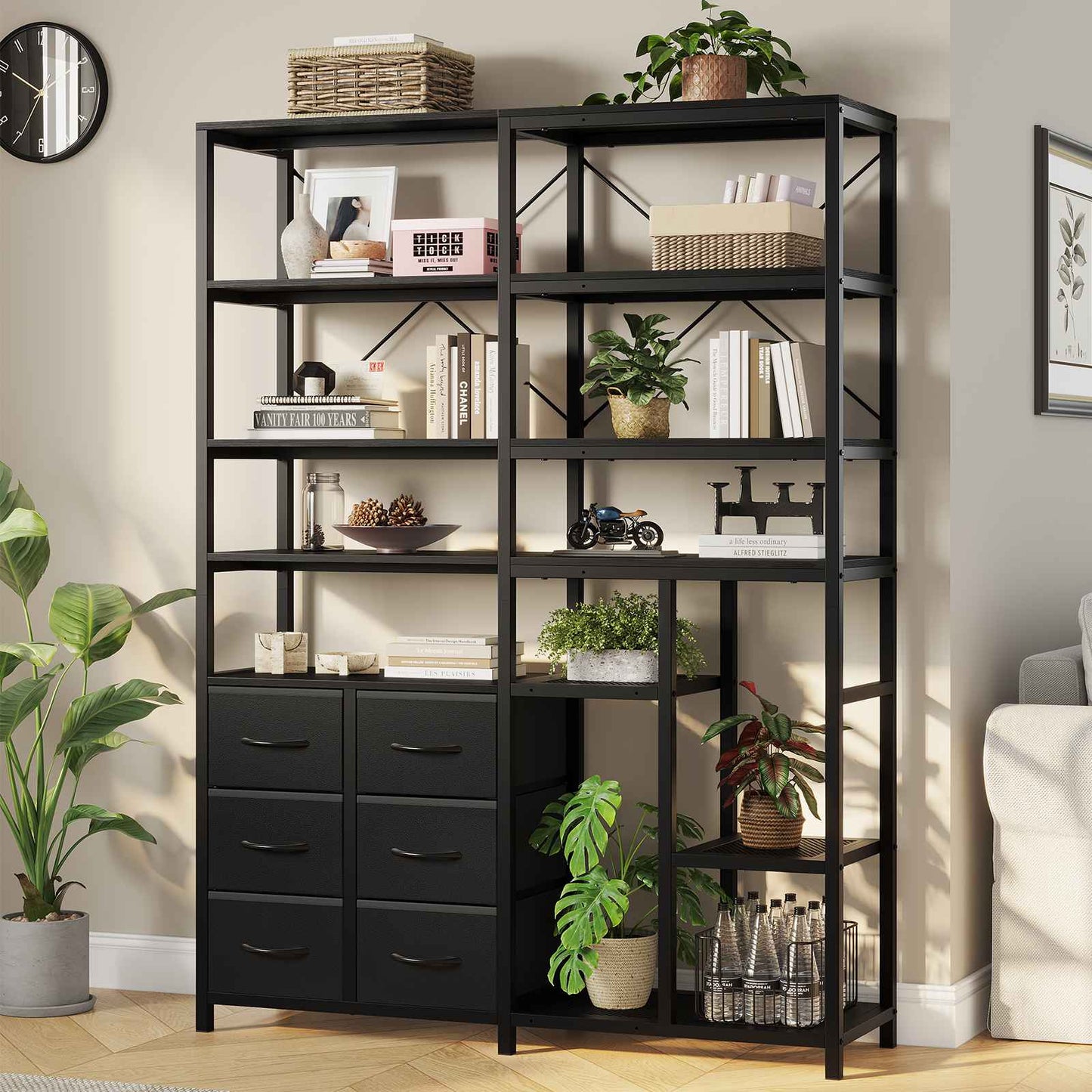 HAUOMS Corner Bookshelf with 7-Tier Tall Convertible Book Shelf with 6 Fabric Drawers for Living Room Kitchen Home Office