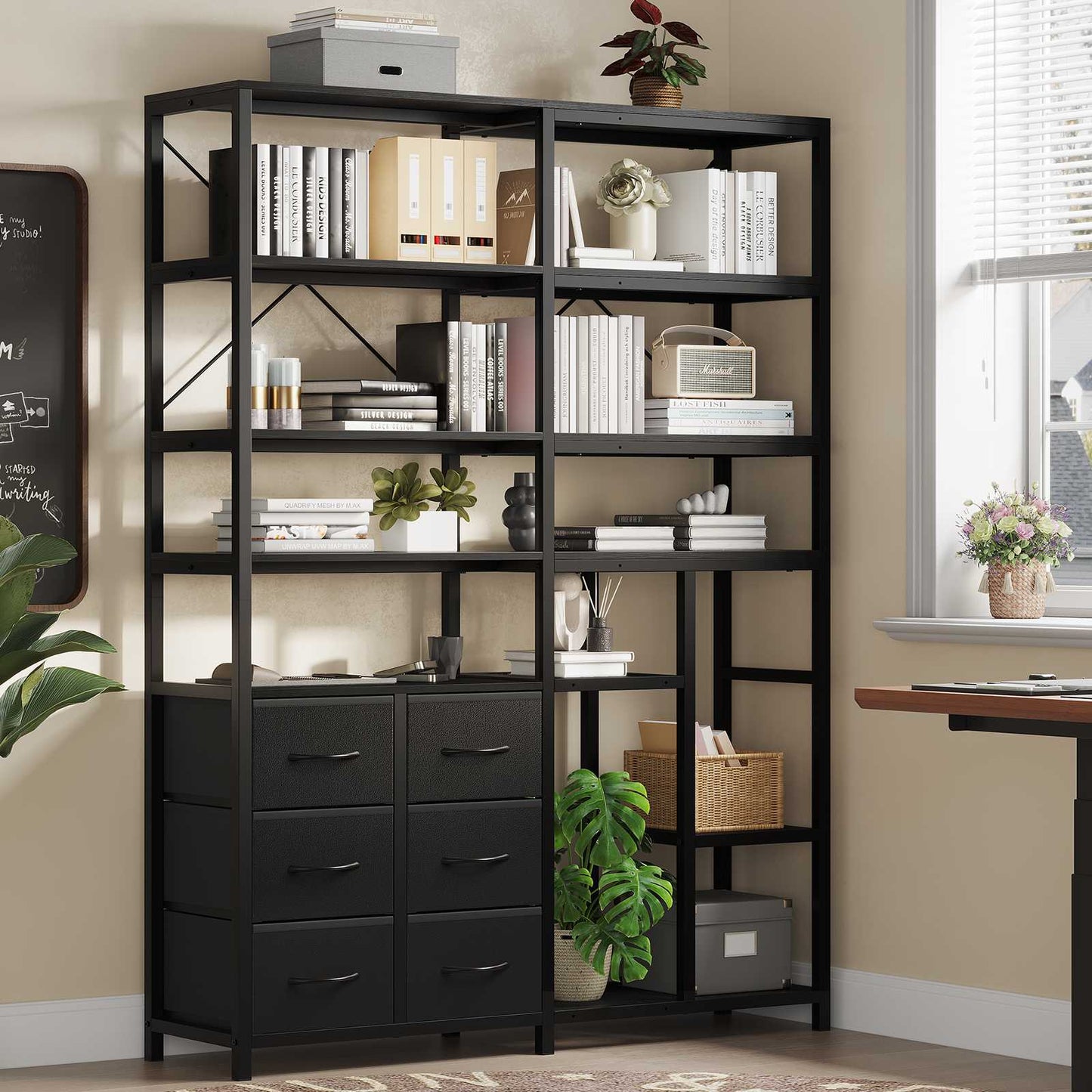 HAUOMS Corner Bookshelf with 7-Tier Tall Convertible Book Shelf with 6 Fabric Drawers for Living Room Kitchen Home Office