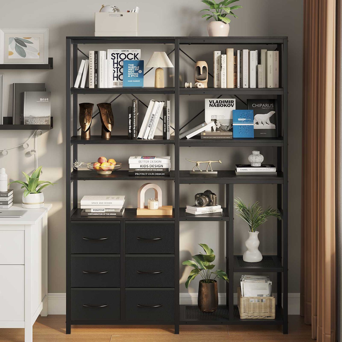 HAUOMS Corner Bookshelf with 7-Tier Tall Convertible Book Shelf with 6 Fabric Drawers for Living Room Kitchen Home Office