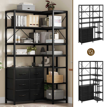 HAUOMS Corner Bookshelf with 7-Tier Tall Convertible Book Shelf with 6 Fabric Drawers for Living Room Kitchen Home Office