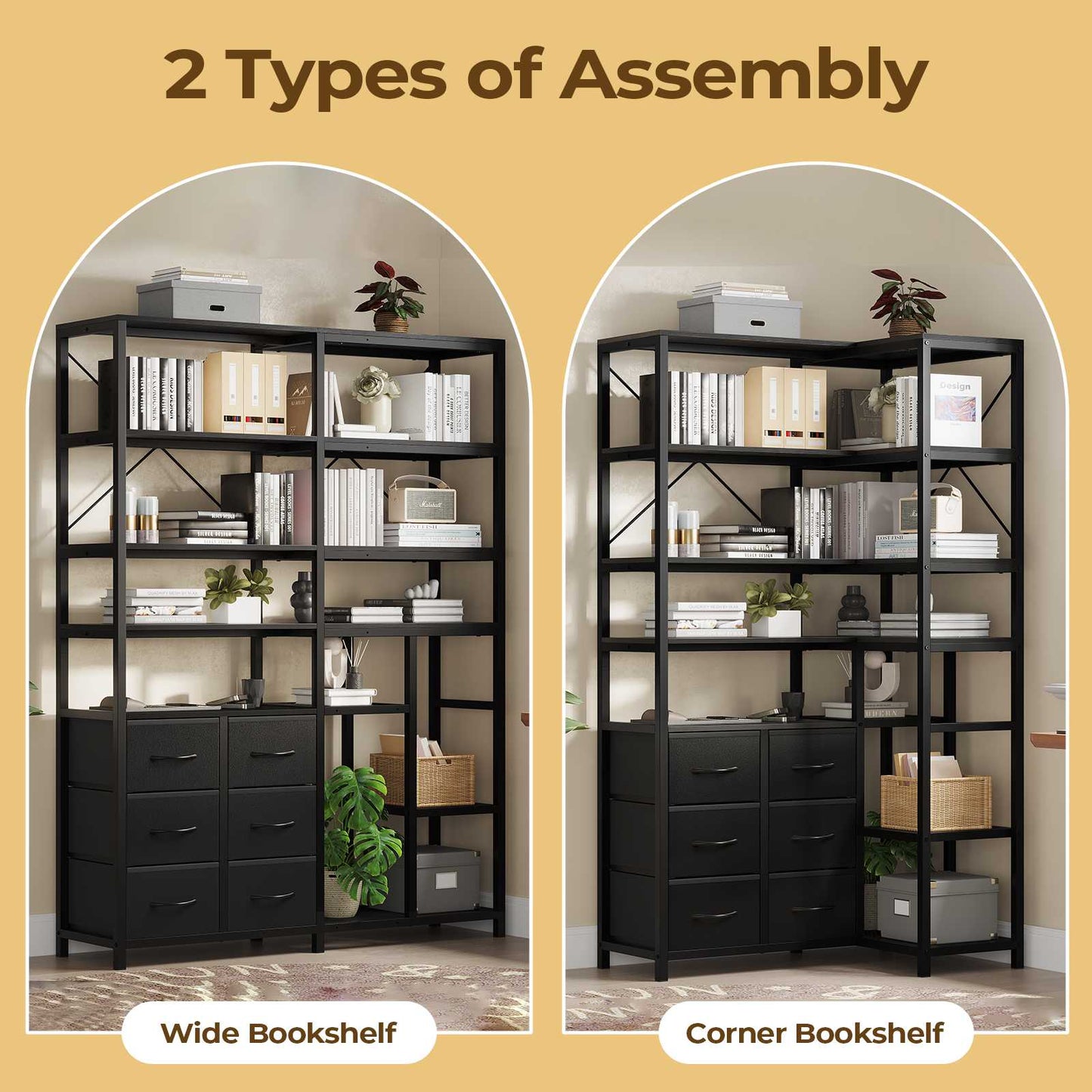 HAUOMS Corner Bookshelf with 7-Tier Tall Convertible Book Shelf with 6 Fabric Drawers for Living Room Kitchen Home Office