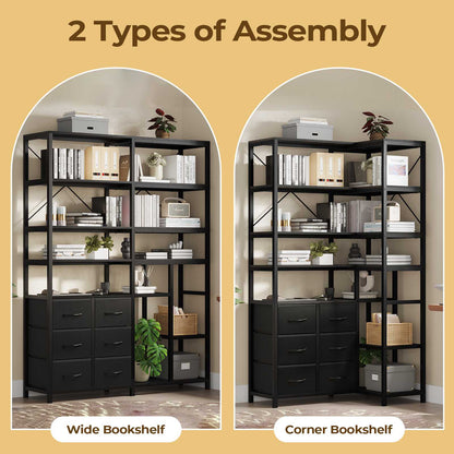 HAUOMS Corner Bookshelf with 7-Tier Tall Convertible Book Shelf with 6 Fabric Drawers for Living Room Kitchen Home Office
