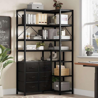HAUOMS Corner Bookshelf with 7-Tier Tall Convertible Book Shelf with 6 Fabric Drawers for Living Room Kitchen Home Office
