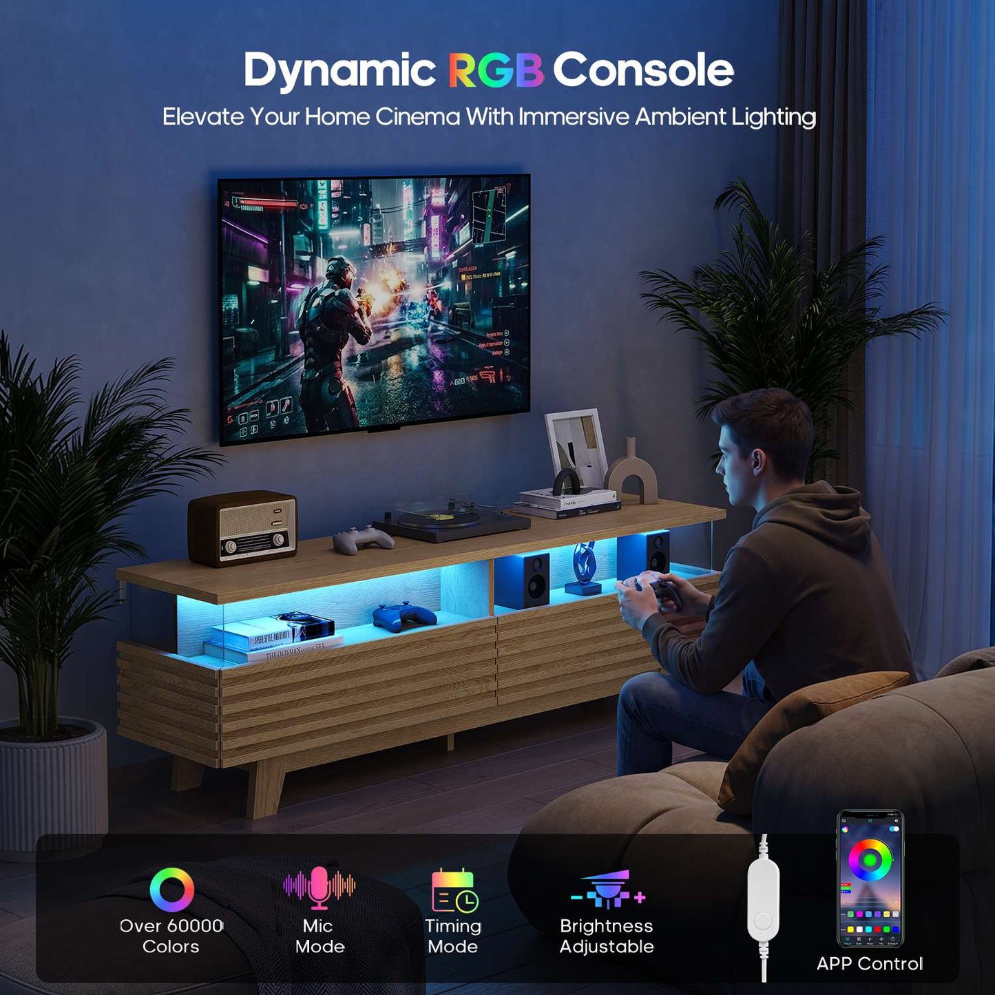 HAUOMS 59 Inch TV Stand with Cable Management and Hidden Power Station Fluted Modern TV Cabinet with Storage and LED Lights