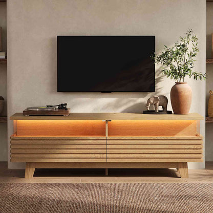 HAUOMS 59 Inch TV Stand with Cable Management and Hidden Power Station Fluted Modern TV Cabinet with Storage and LED Lights