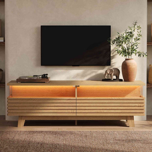 HAUOMS 59 Inch TV Stand with Cable Management and Hidden Power Station Fluted Modern TV Cabinet with Storage and LED Lights