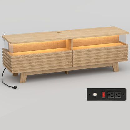 HAUOMS 59 Inch TV Stand with Cable Management and Hidden Power Station Fluted Modern TV Cabinet with Storage and LED Lights