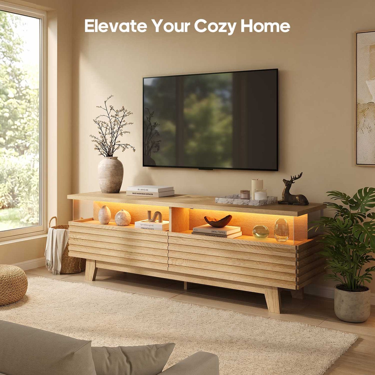 HAUOMS 59 Inch TV Stand with Cable Management and Hidden Power Station Fluted Modern TV Cabinet with Storage and LED Lights