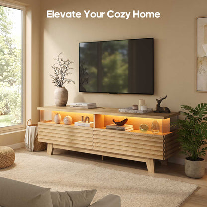 HAUOMS 59 Inch TV Stand with Cable Management and Hidden Power Station Fluted Modern TV Cabinet with Storage and LED Lights
