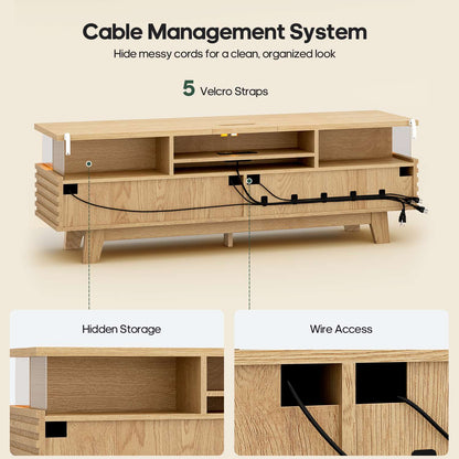 HAUOMS 59 Inch TV Stand with Cable Management and Hidden Power Station Fluted Modern TV Cabinet with Storage and LED Lights