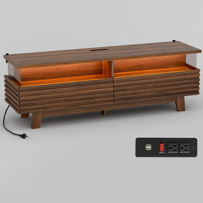 HAUOMS 59 Inch TV Stand with Cable Management and Hidden Power Station Fluted Modern TV Cabinet with Storage and LED Lights