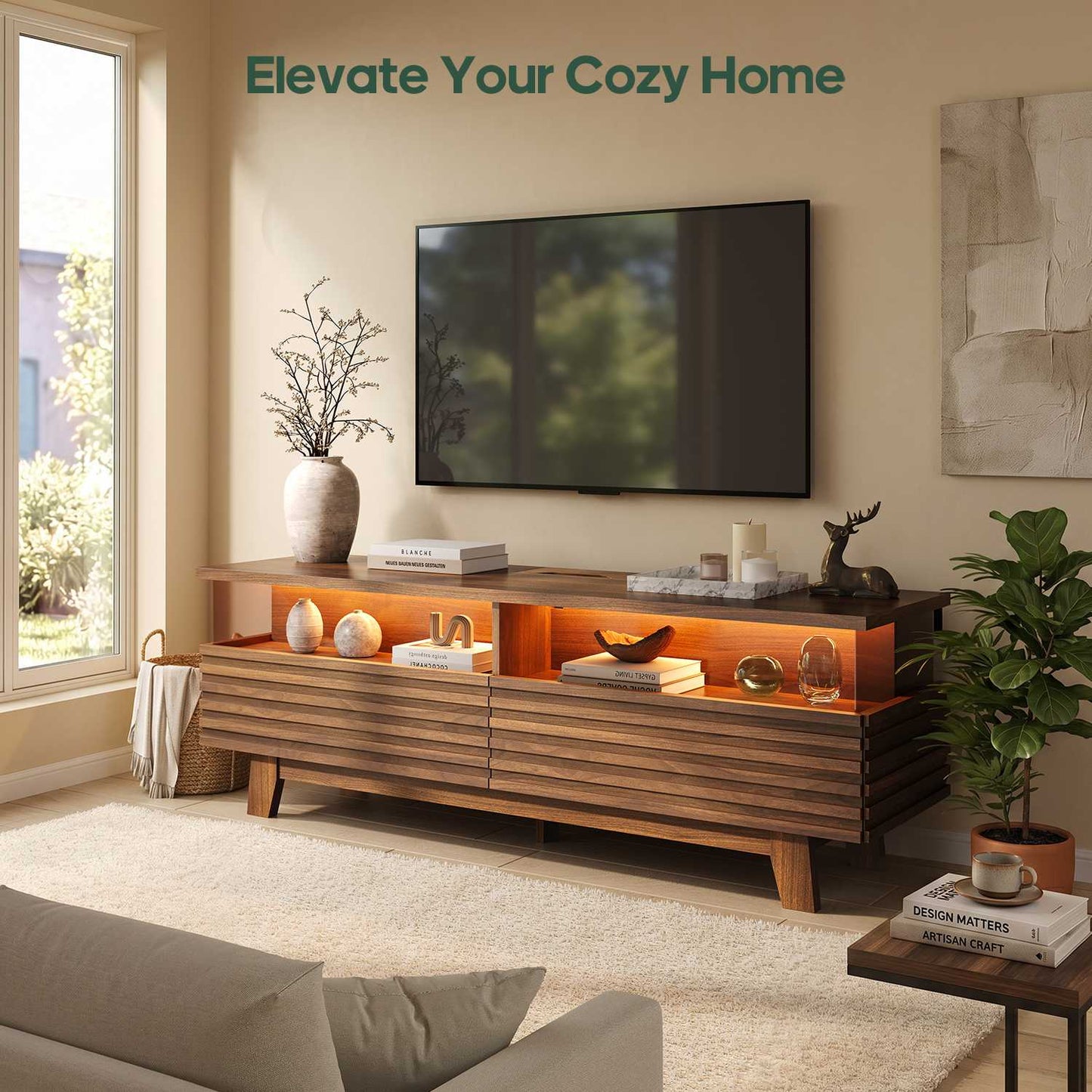 HAUOMS 59 Inch TV Stand with Cable Management and Hidden Power Station Fluted Modern TV Cabinet with Storage and LED Lights